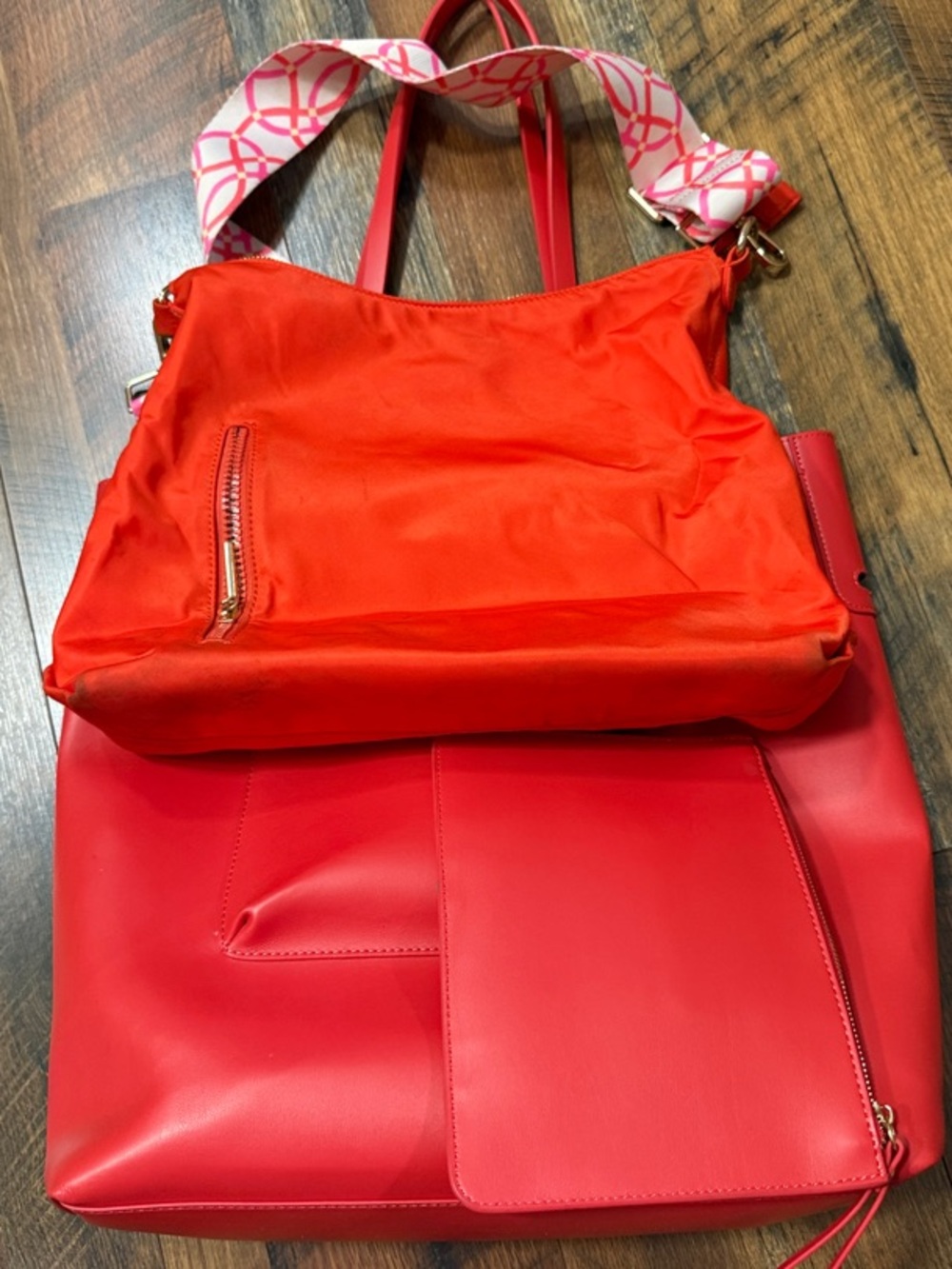 Red Convertible Tote with Removable Nylon Shoulder Bag